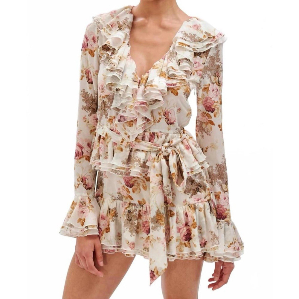 Ronny Kobo Small Palmero Dress Muted Floral Tiered V Neck Ruffles EUC $528